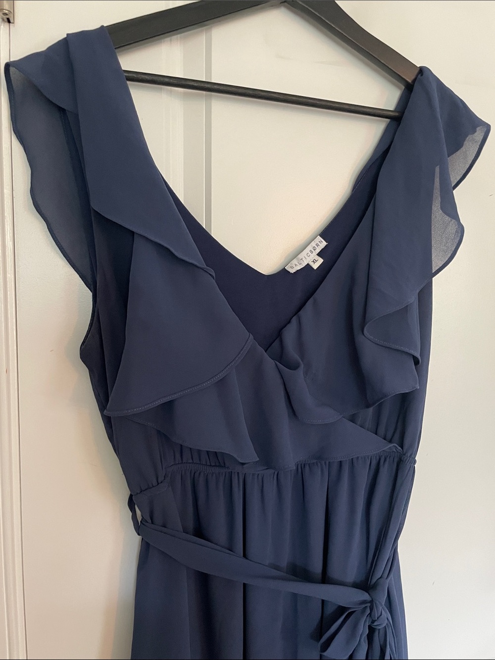 BalticBorn Navy Ruffle V-Neck Maxi Dress with Tie Waist sz XL - Picture 3 of 13